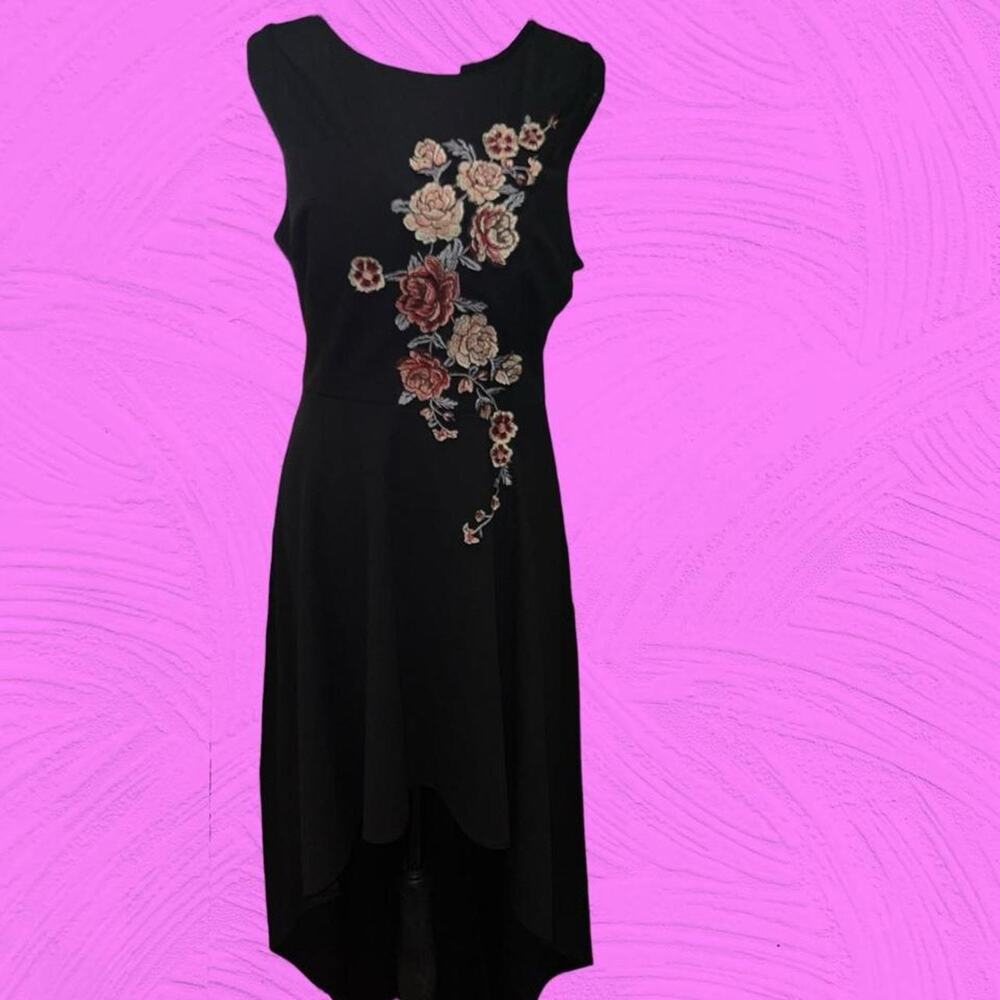 Black floral applique high low dress